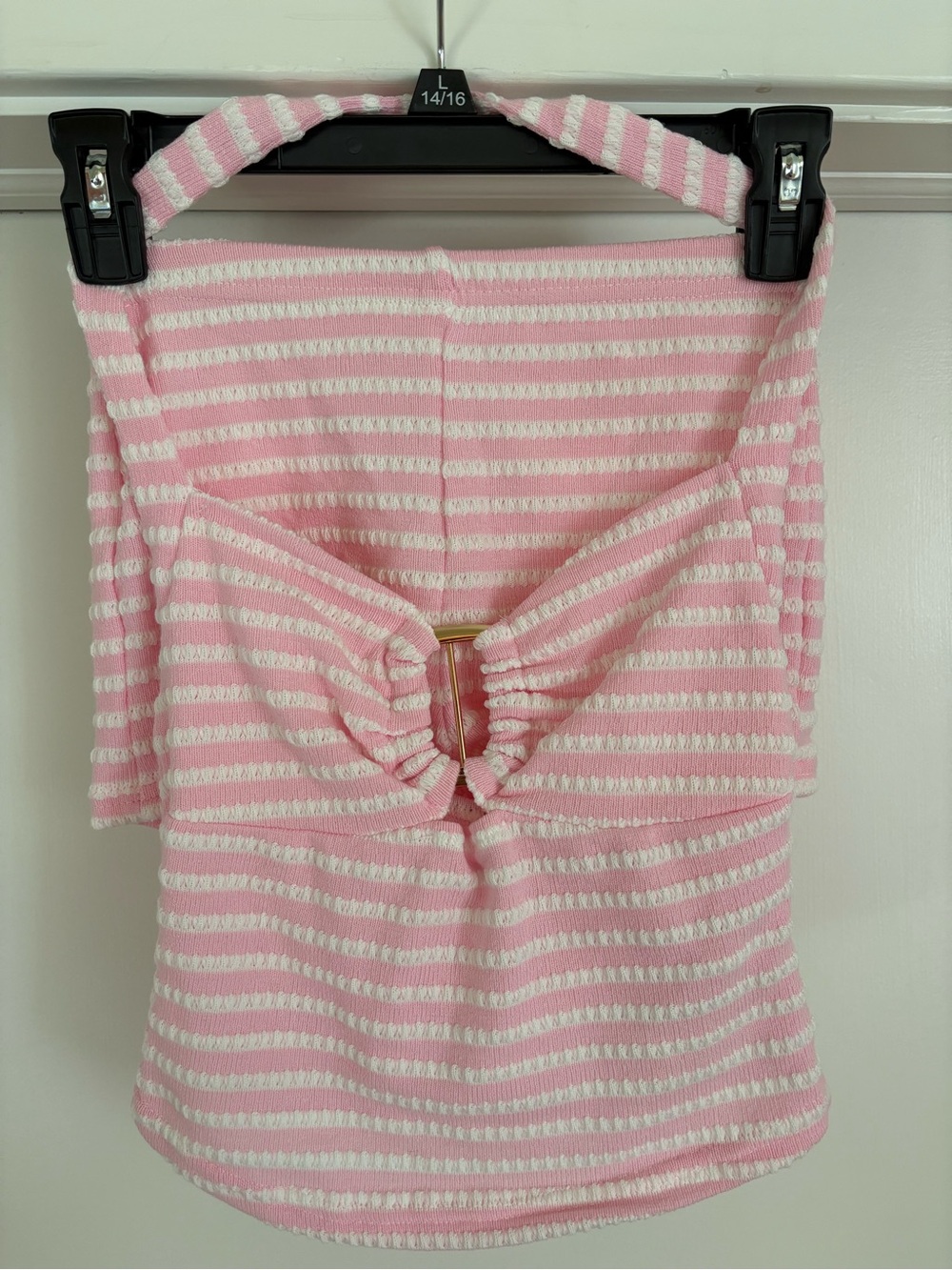 SHEINPink & White Striped Halter Bandeau Top with sporty matching short bottoms.